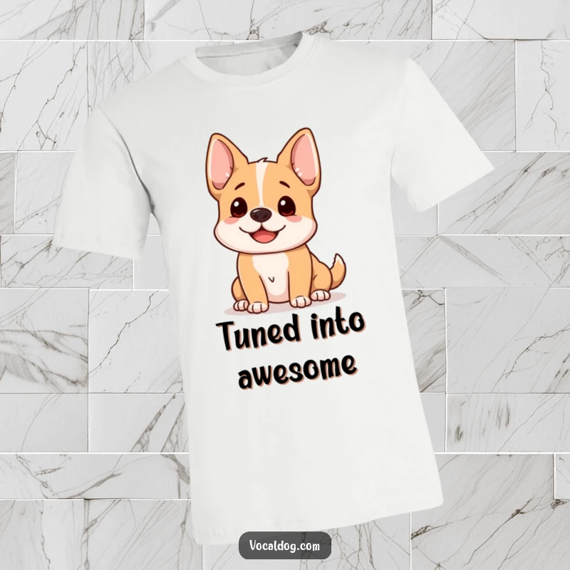 Funny dog t-shirt with a happy dog whose ears are perked up, attentively listening with a cheerful demeanor.