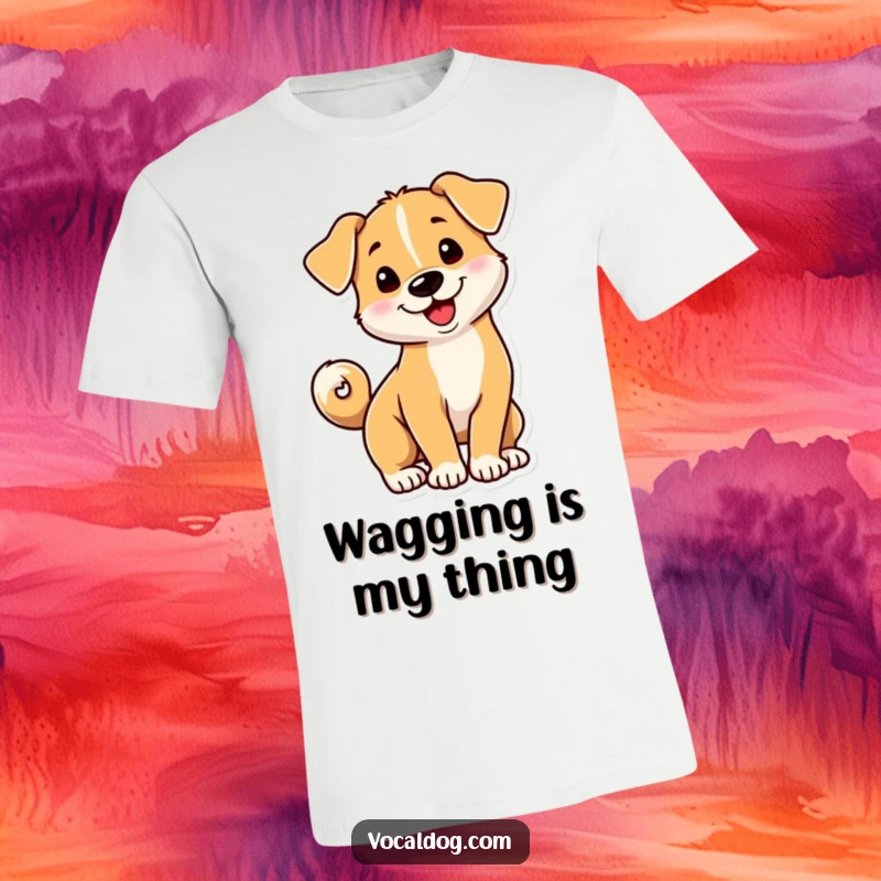 Funny dog t-shirt showcasing a playful dog with its tail curled into a happy, dynamic spiral.