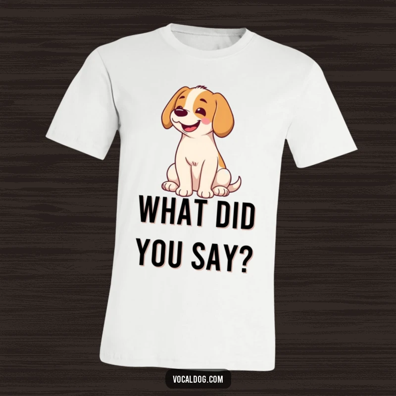 Funny t-shirt with a dog sitting, head tilted quizzically, and a broad smile, capturing a moment of pure canine happiness and cuteness.