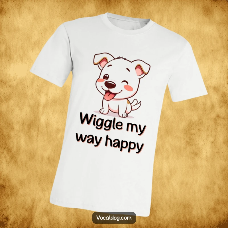 Funny t-shirt showcasing a dog character in mid-wiggle, its whole body a blur of pure, unadulterated doggy happiness.