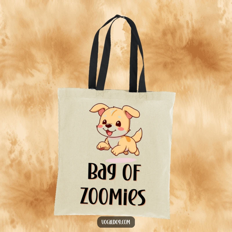 Funny tote bag featuring a dog character running with its ears flapping joyfully in the wind, ready for anything.