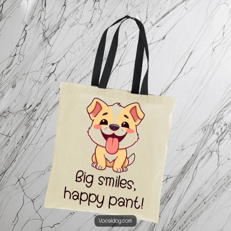 Funny dog tote bag with a smiling dog whose tongue is out, embodying pure happiness and joy.