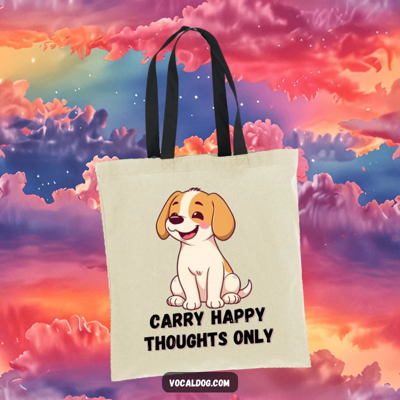 Funny tote bag showcasing a dog with its head tilted and a wide smile, perfect for carrying essentials with a dose of adorable canine charm.