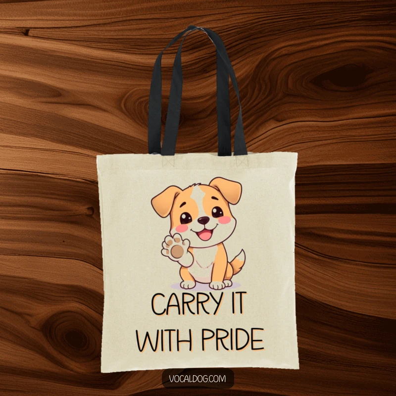 Funny tote bag featuring a dog character happily presenting its paw, ready to carry your belongings with joy.