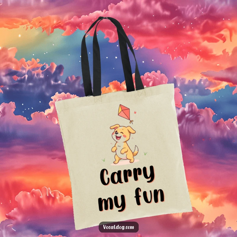 Funny tote bag featuring a dog character joyfully interacting with a colorful kite, ready for adventures.