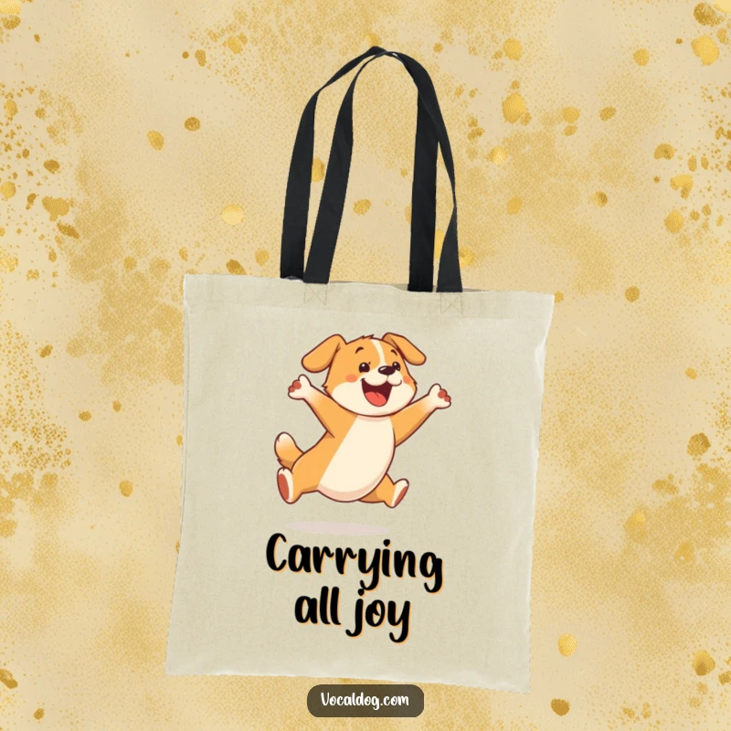 Funny tote bag illustrating a dog character leaping high in the air with an expression of extreme happiness.
