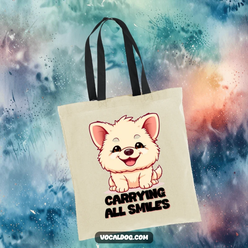 Funny fluffy dog tote bag, with comically large floppy ears and a wide, joyful smile, perfect for carrying daily essentials with a happy vibe.
