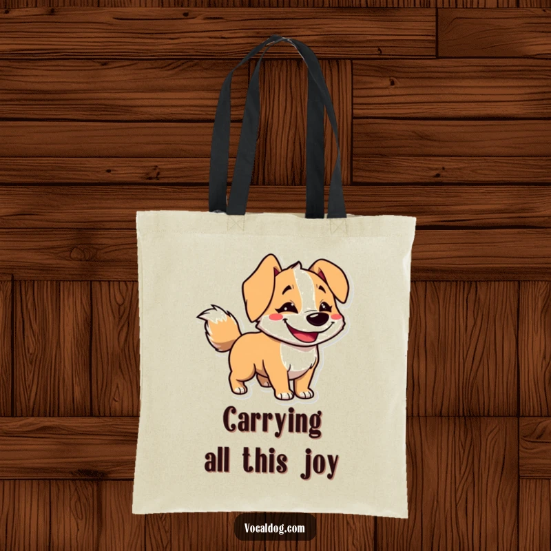 Funny tote bag illustrating a dog character sporting a wide goofy grin and a tail wagging so fast it's a blur.