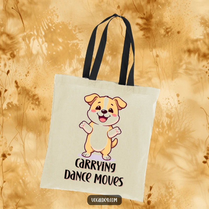 Funny happy dance dog tote bag with a dog joyfully dancing with front paws up, perfect for carrying items with pure fun. Great funny gift.