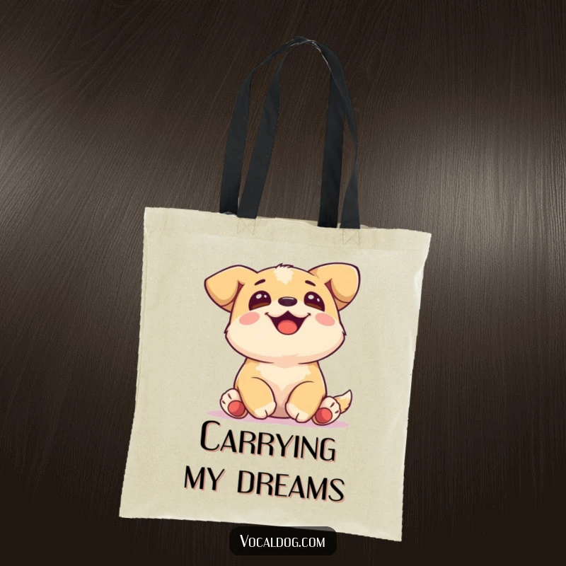 Funny Tote Bag showcasing a joyful dog with tucked paws, gazing upwards serenely, perfect for daily use.
