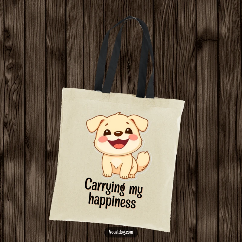 Funny tote bag print of a cheerful dog with a wide smile and a bouncy tail, symbolizing pure happiness, useful accessory.