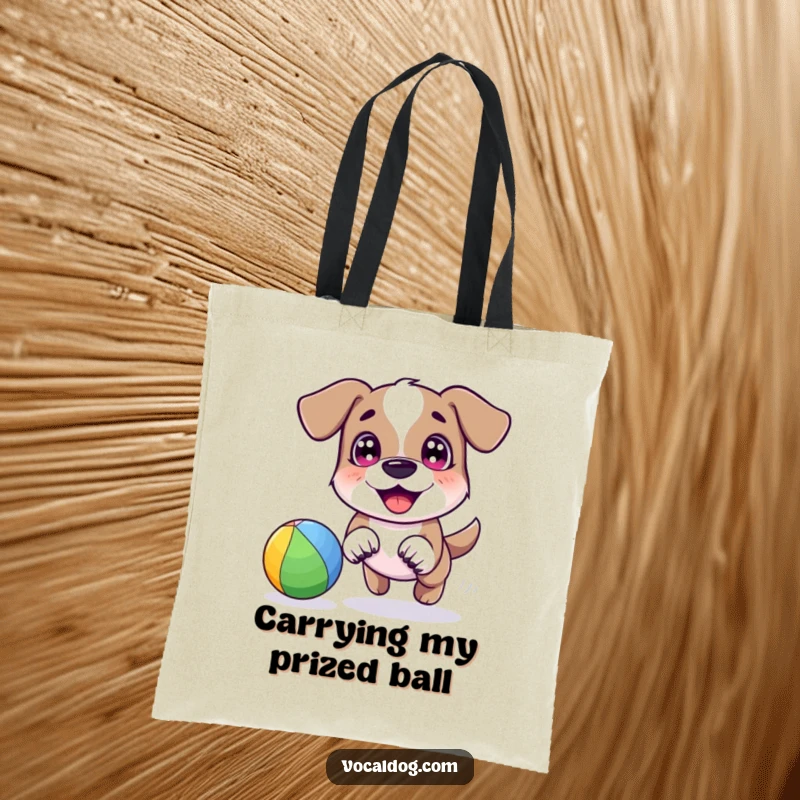 A happy dog character joyfully chasing a bright rainbow-colored ball with excited eyes, featured on a practical and humorous tote bag.