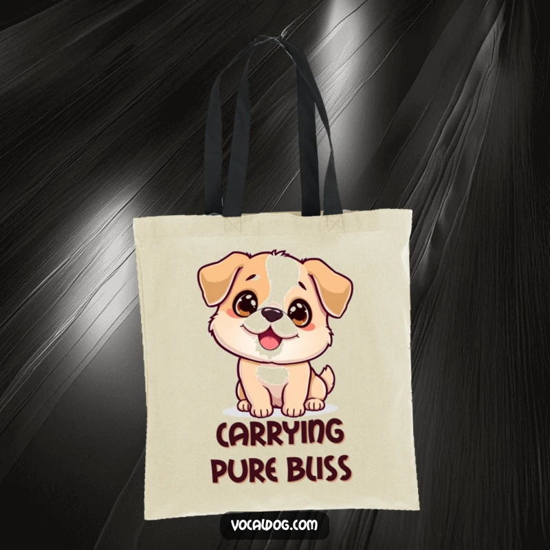 Funny sparkling dog tote bag with a happy dog whose eyes sparkle and body wags, perfect for carrying items with pure joy. Great funny gift.