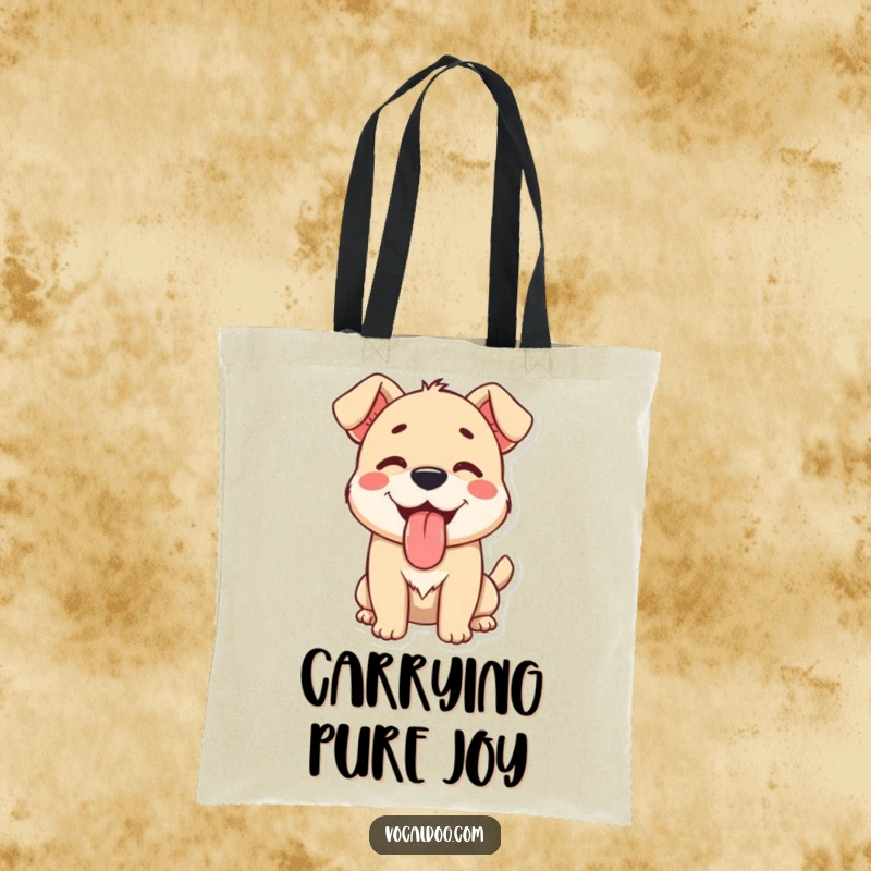 A happy dog character with its tongue lolling out in utter contentment, featured on a practical and humorous tote bag.
