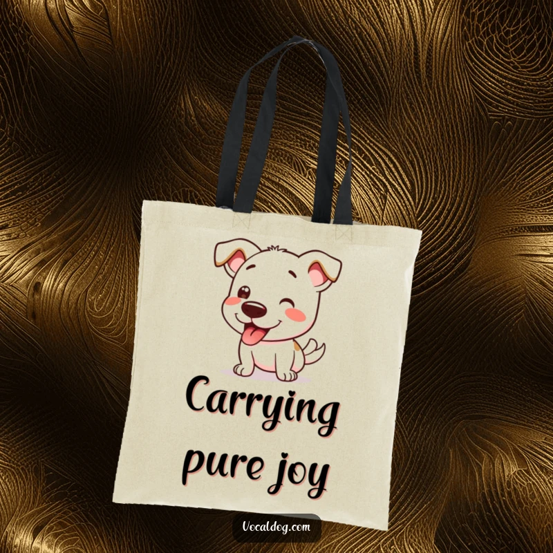 Funny tote bag illustrating a dog character performing its signature happy wiggle, ready to carry your belongings with glee.