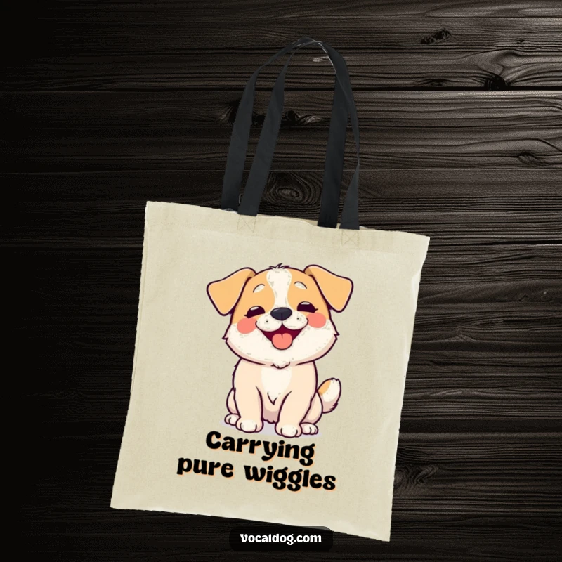 Funny Tote Bag featuring a dog wiggling its entire body with overwhelming happiness, perfect for carrying smiles and essentials.
