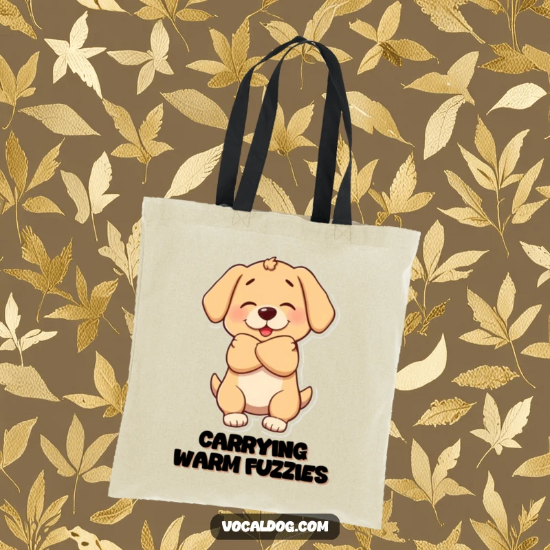 Funny tote bag illustrating a dog character giving a big, warm, welcoming hug with open paws.