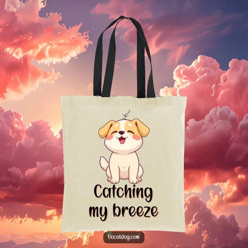 Funny Tote Bag featuring a happy dog with its head tilted up, enjoying the sensation of a gentle breeze.