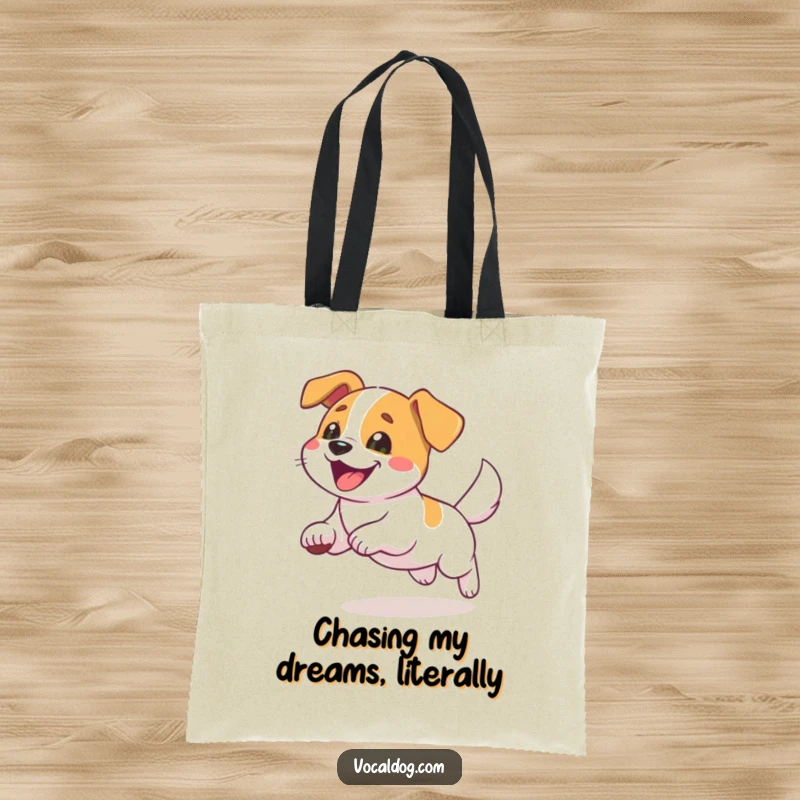 Funny tote bag with a dog happily chasing its tail, a humorous and delightful accessory for everyday use.