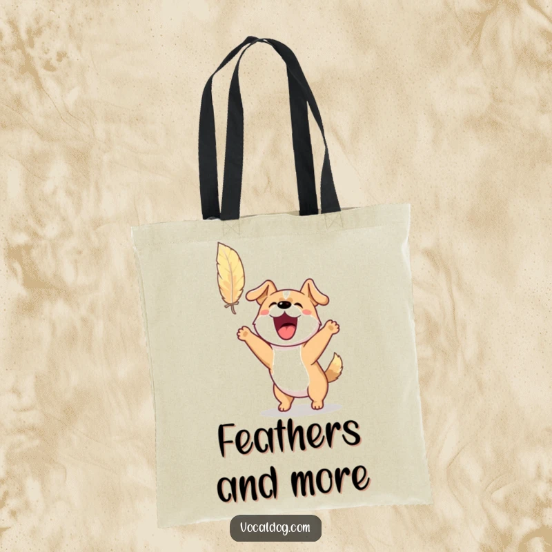 Funny tote bag illustrating an excited dog barking and leaping towards a floating feather, capturing a moment of playful pursuit.