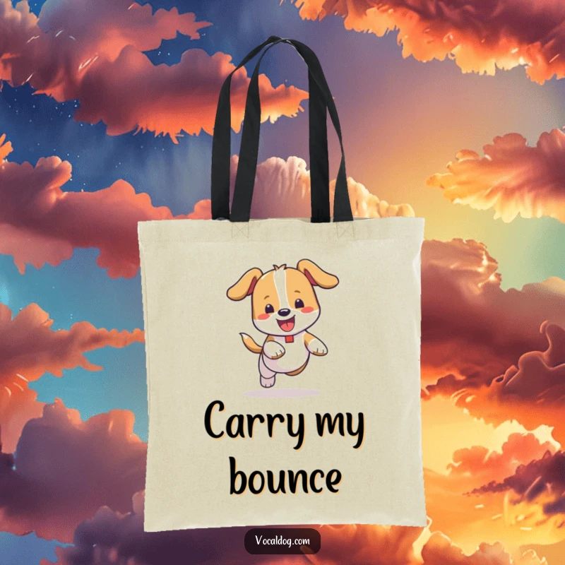 Funny Tote Bag: A tote bag featuring a dog happily bouncing with carefree abandon, embodying playful energy and pure joy.