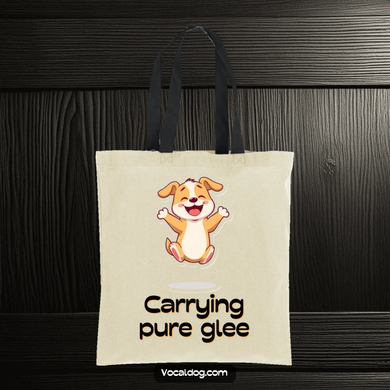 Funny tote bag featuring an excited dog character bouncing energetically on its hind legs. Great for carrying anything with enthusiasm.