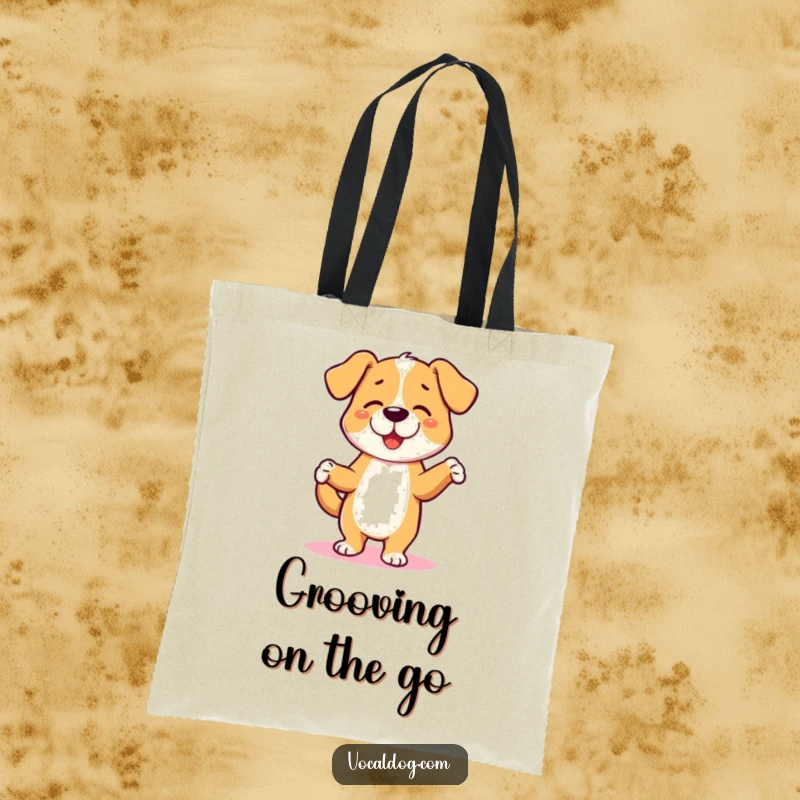 Funny tote bag with a dog character performing a lively jig, perfect for carrying goodies and smiles. A cheerful funny gift.