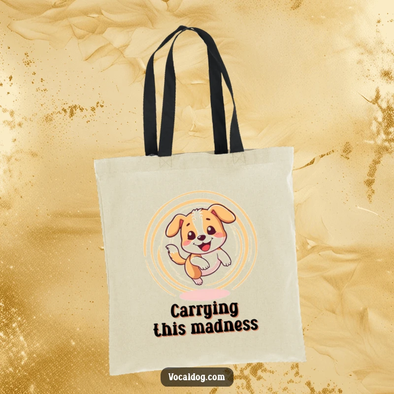 Funny tote bag featuring a dog character happily spinning in a dizzy circle while chasing its tail. Great for carrying fun.
