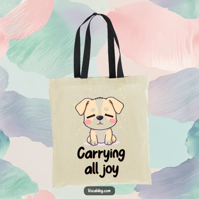 Funny tote bag with a dog blissfully enjoying sparkling confetti with eyes closed, perfect for festive occasions.