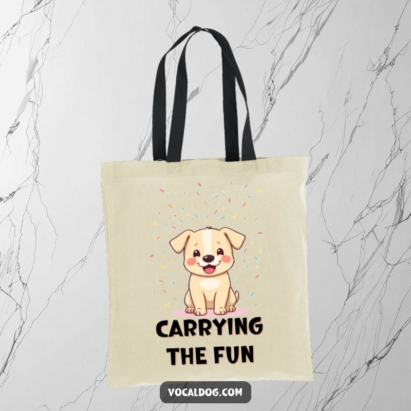 Funny dog confetti tote bag with an overjoyed dog amidst a colorful explosion of confetti, perfect for carrying essentials in style. Great funny gift.