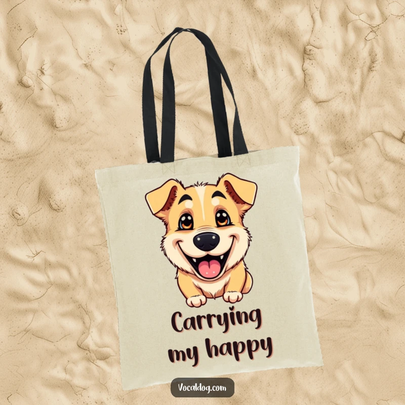 Funny tote bag featuring a smiling dog with a wide, goofy grin and captivating shiny eyes, perfect for everyday use.