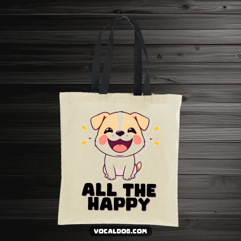 Funny tote bag featuring a stylized dog character with its mouth wide open, letting out happy, audible sound waves.