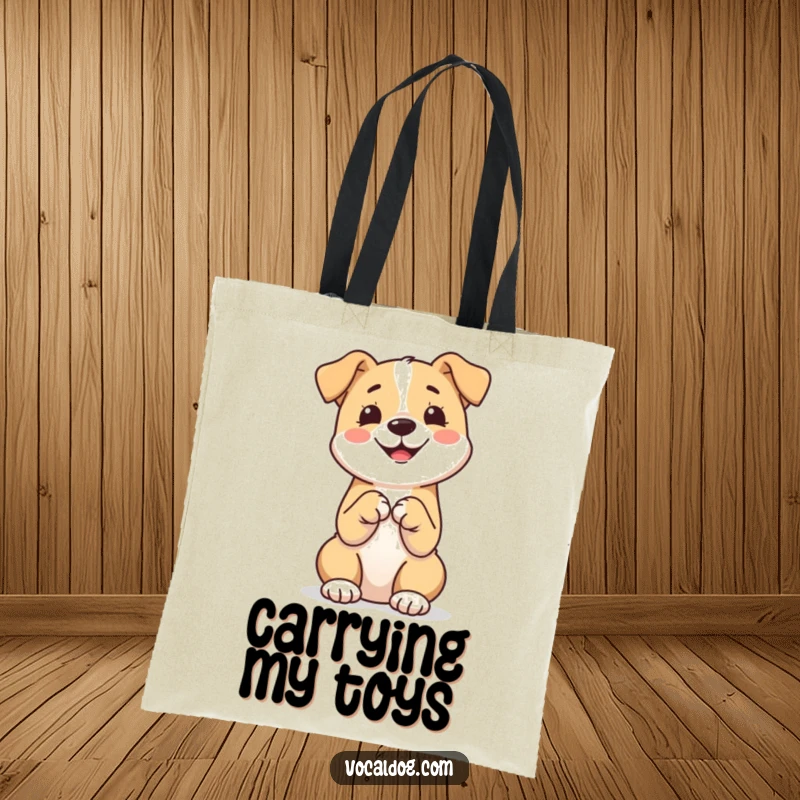 Funny tote bag illustrating a happy dog sitting upright with paws together, perfect for carrying daily items while showcasing pet adoration.