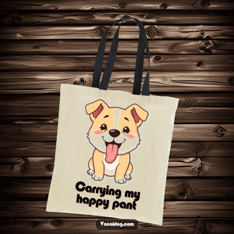 Funny tote bag featuring a dog happily panting with its tongue out, perfect for carrying groceries and spreading smiles.