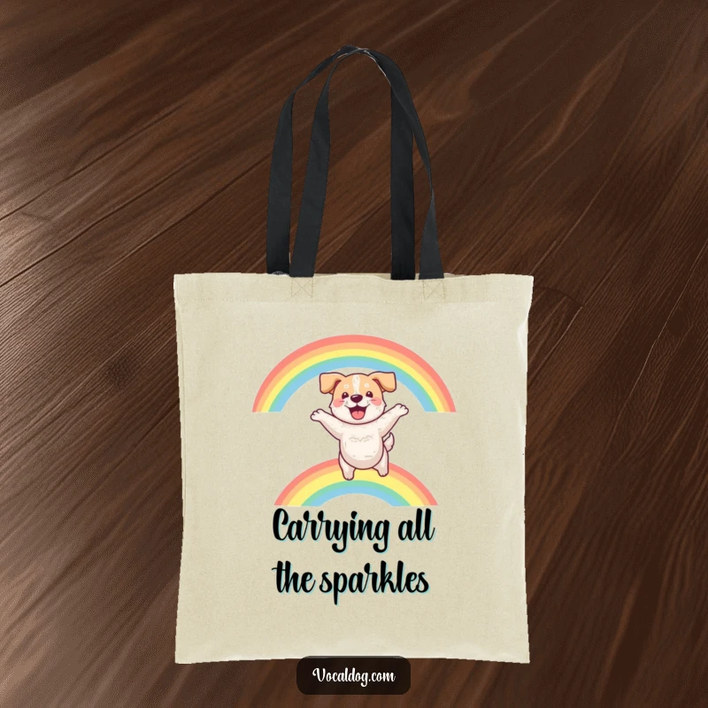 Funny tote bag with a dog jumping gleefully across a bright, cartoonish rainbow, ready for adventure.