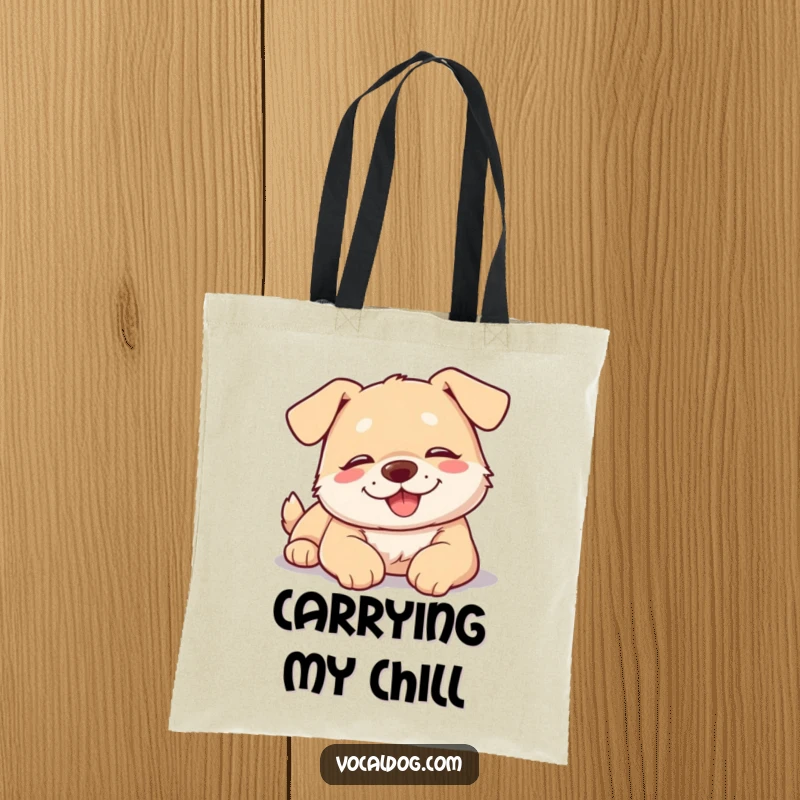 Funny dog tote bag featuring a relaxed, happy dog lightly sunbathing, embodying peace and contentment.
