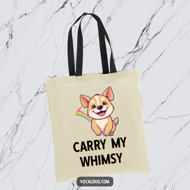 Funny Tote Bag with a dog's infectious goofy grin, energetically chasing a vibrant rainbow, symbolizing fun and adventure.
