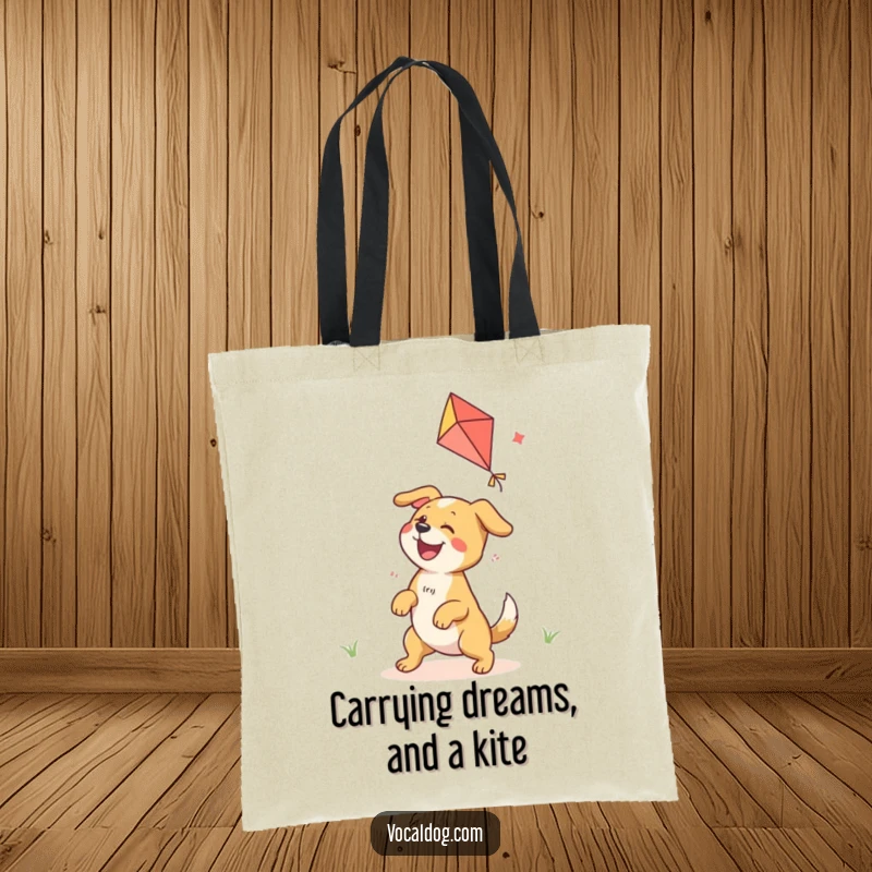 Funny Tote Bag showcasing an ecstatic dog character having a blast playing with a beautiful, colorful kite.