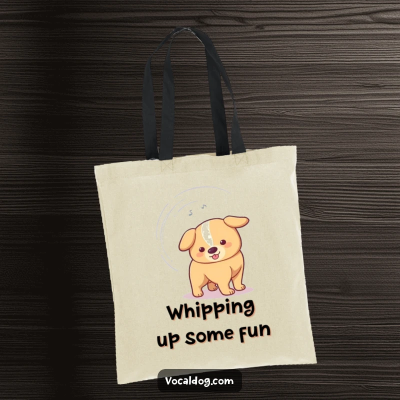 Funny Tote Bag showcasing a dog's tail wagging so fast it creates a humorous vortex, perfect for carrying smiles and essentials.