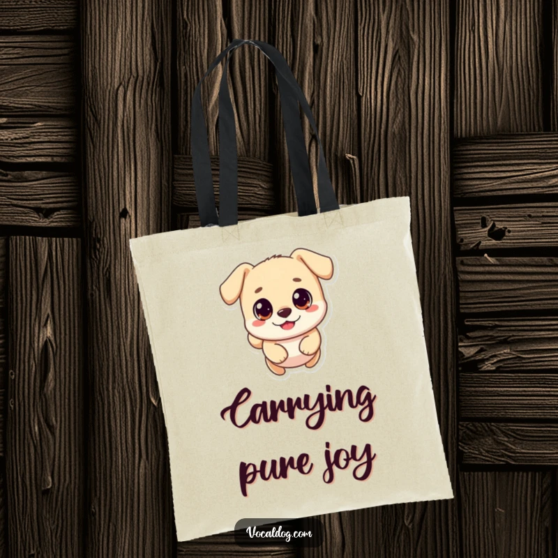 Funny tote bag illustrated with a small, round dog character joyfully leaping, big eyes sparkling with happiness and energy.