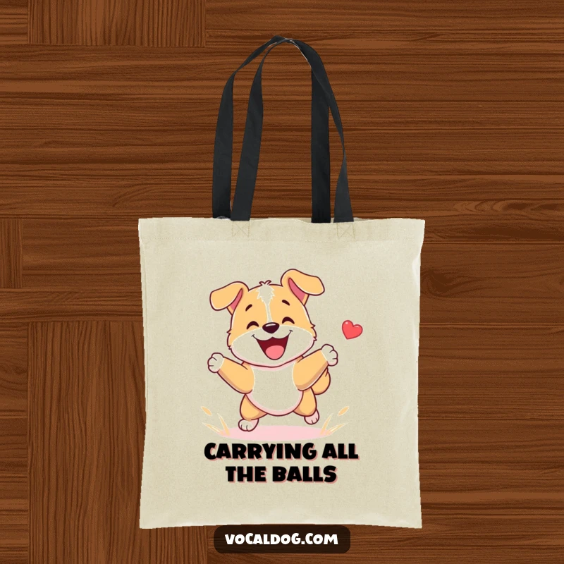Funny Tote Bag with a dog character playing fetch with immense happiness, a humorous and practical accessory for dog lovers and playful spirits.
