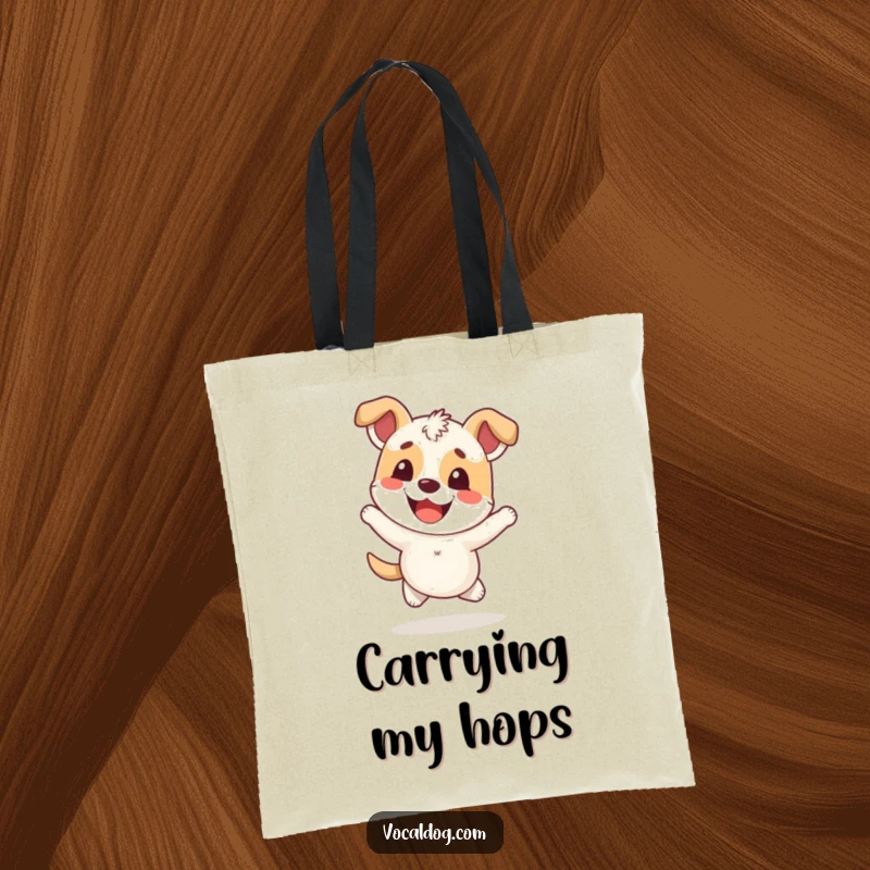 Funny Tote Bag featuring a happy dog character hopping with an overwhelmingly cheerful and ecstatic expression.