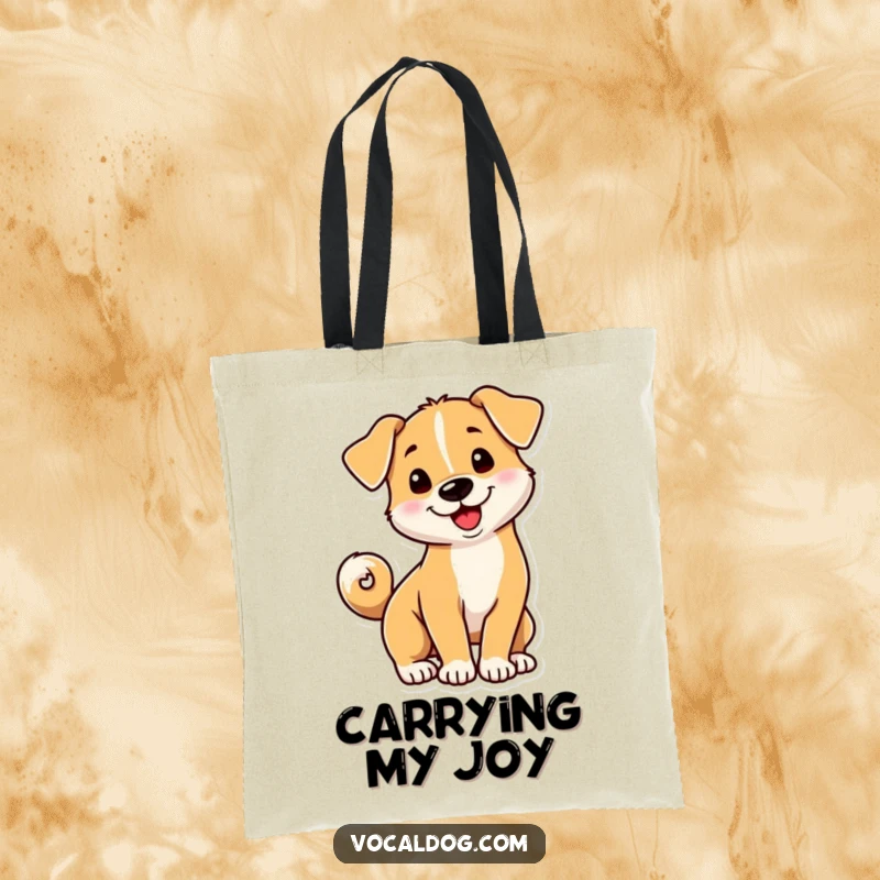 Funny dog tote bag depicting a playful dog with its tail curled into a happy, energetic spiral.