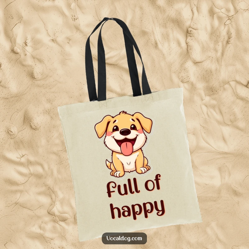 Funny Tote Bag showcasing a dog character with a wide, beaming grin and its tongue out, a fun accessory.