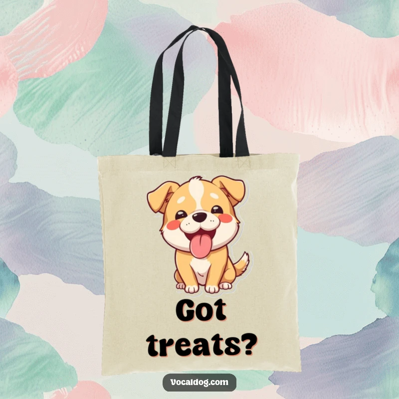 Funny tote bag featuring a beaming dog with tongue out, panting cheerfully. A humorous and practical accessory for dog lovers.