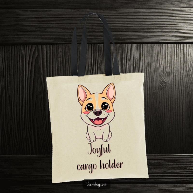 Funny tote bag illustrating a dog with sparkling eyes and a wide grin, perfect for carrying daily items while showcasing pure canine delight.