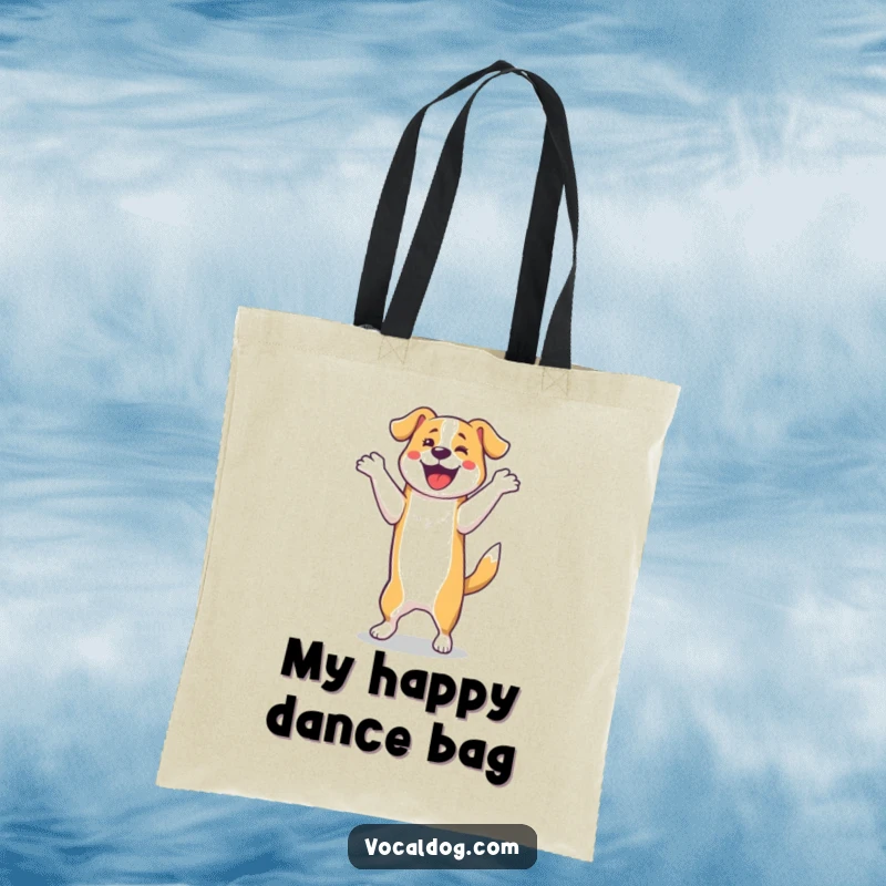 Funny Tote Bag: A dog performs an ecstatic happy dance on its hind legs. This practical and funny tote spreads joy.
