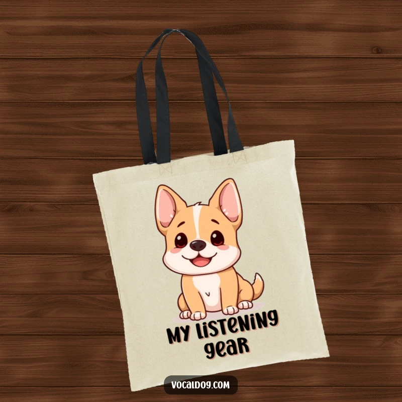 Funny dog tote bag featuring a happy dog with its ears perked up, listening intently and with great interest.